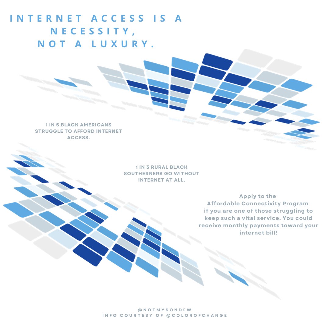 Internet access is a necessity; too many Black Americans lack consistent access. 

Apply for help at: affordableconnectivity.gov

Spread the word by sharing this post.

Thanks to <a href="/colorofchange/">ColorOfChange</a> for the info! 

#acp #blacklivesmatter #colorofchange #justice #equity #access #internet