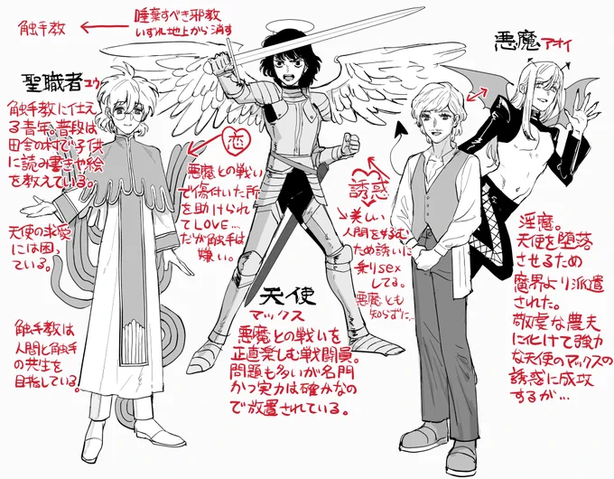 天使と悪魔と聖職者を～という話題があったので自分の創作漫画のキャラクターでパロにしました。 天使→暴れん坊エンジェル。 悪魔→淫魔。人間に化けて天使を誘惑 聖職者→触手教の心優しき青年。天使に惚れられて困る。 #創作BL