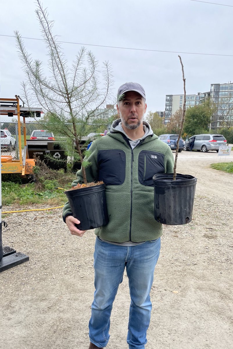 700 #TakeRoot #trees going to homes today! Happy @cityofguelph resident w his Kentucky coffee & Tamarack trees thank you volunteers and @TreesforGuelph @Forests_Ontario