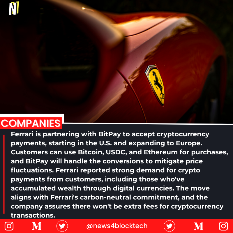 News4BlockTech's tweet photo. 🔸Ferrari is now receiving cryptocurrency payments for its sales in the United States, and they plan to extend this payment option to Europe in response to growing demand.

#Bitcoin #BTC #CryptoNews #cryptomarket #Cryptocurency #Ferrari https://t.co/MzKdheVGRn