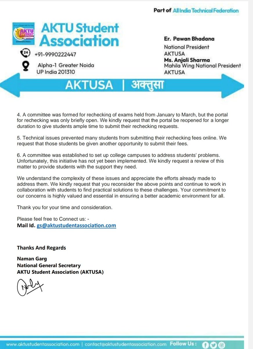 PawanBhadanaG's tweet photo. 📢 @AKTUSAA has taken a proactive step by sending a letter to the VC, urging swift resolution of students' Special Carry Over Exam for all Courses and other pressing matters. It's time for action, and we're hopeful for a positive outcome! 🎓📚 #AKTUSA #AKTU https://t.co/VuoScU91Tu