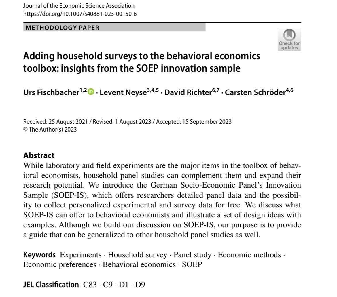 🔬New paper out! We (w./ U. Fischbacher, D. Richter & C. Schröder) discuss what household panels offer to behavioral economists and give a brief roadmap to use SOEP-IS. link.springer.com/article/10.100… @EcScienceAssoc @DIW_Berlin_en @FU_Berlin @UniKonstanz @WZB_Berlin @BSE_Berlin