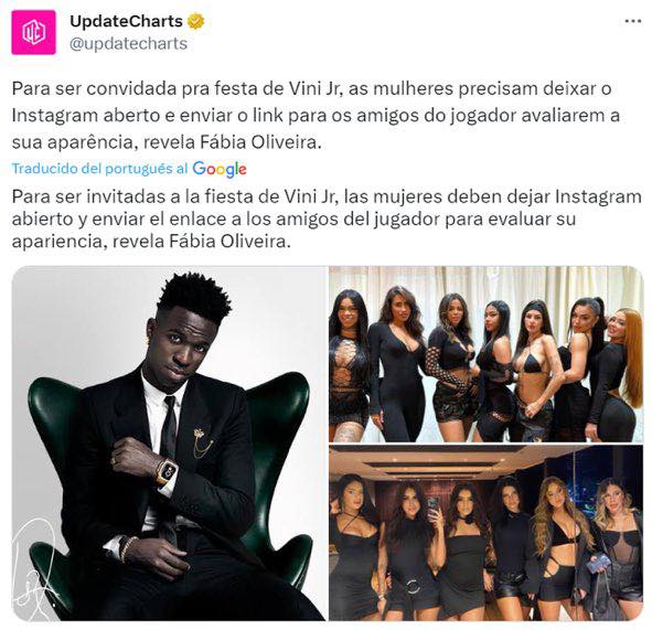Tocapilotes's tweet photo. Vinicius monta un circo cuando mencionan su físico en un estadio, afirma que no podrá evitar que España sea racista pero para ir a su cumpleaños sus amigos deciden si una mujer puede entrar o no según su físico o realizar una fiesta junto a Neymar y Richarlson SI PUEDE.

La sobreprotección de los medios de Madrid permite hacer esta serie de acciones. Vinicius Jr es pura Hipocresía ….