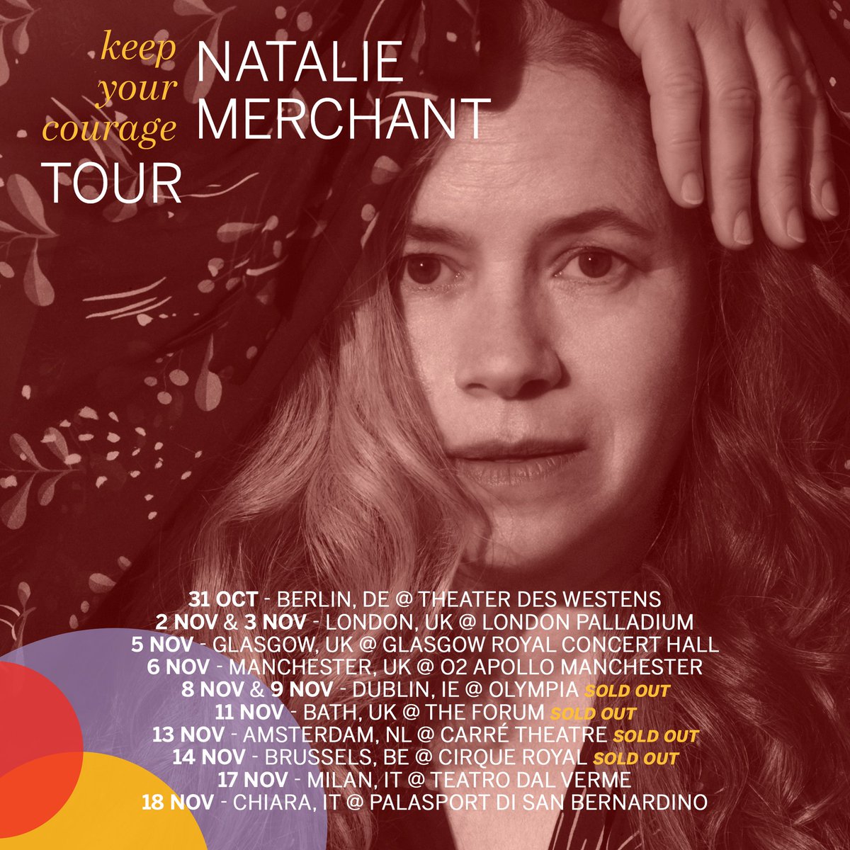 Natalie’s European run is fast approaching and there are just a few tickets left. Make sure to grab your tickets now for her #KeepYourCourage tour! Tickets: nataliemerchant.com/tour *Few tickets remaining for 2nd Dublin show on 9 Nov @3olympiatheatre #nataliemerchant #KYC