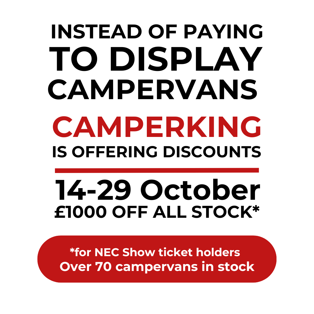 CamperKingLtd's tweet photo. Bring your NEC ticket to CamperKing and we will give you £1k off any campervan from our forecourt!

If you’re heading to NEC this week and you’re looking for a camper, it will pay to visit CKHQ.

We’re just 35 minutes from the NEC and we have over 70 campervans to choose from! 🔥 https://t.co/wmUHpcX7sY