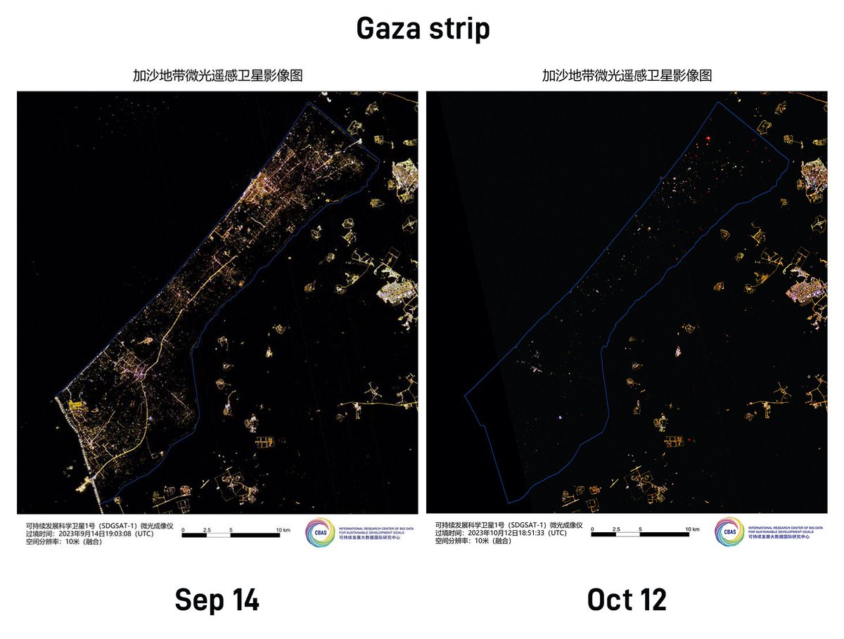 #Exclusive The Gaza Strip, one of the most densely populated areas in the world, is almost completely plunged into darkness at night due to Israel's power supply cut-off, according to satellite images obtained by GT. This stark contrast to the previously well-lit nights in the…