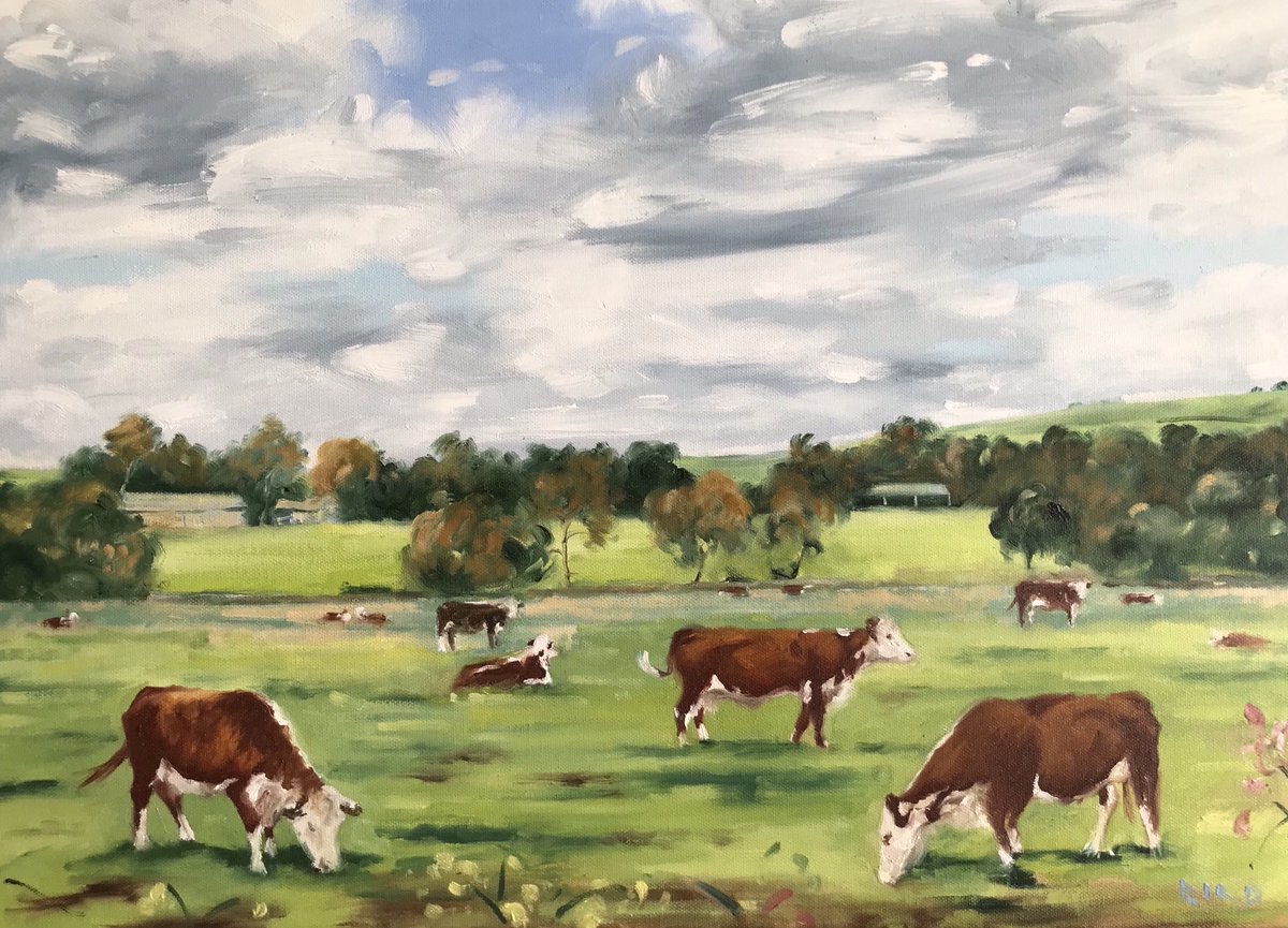 Pedigree Hereford cattle have a beautiful rich brown colour that looks amazing in the autumn sun. Lower Hurst farm was great to visit and do a painting workshop with ⁦<a href="/FarmingLC/">Farming Life Centre</a>⁩ . #peakdistrict #farming #herefordcattle #landscapepainting