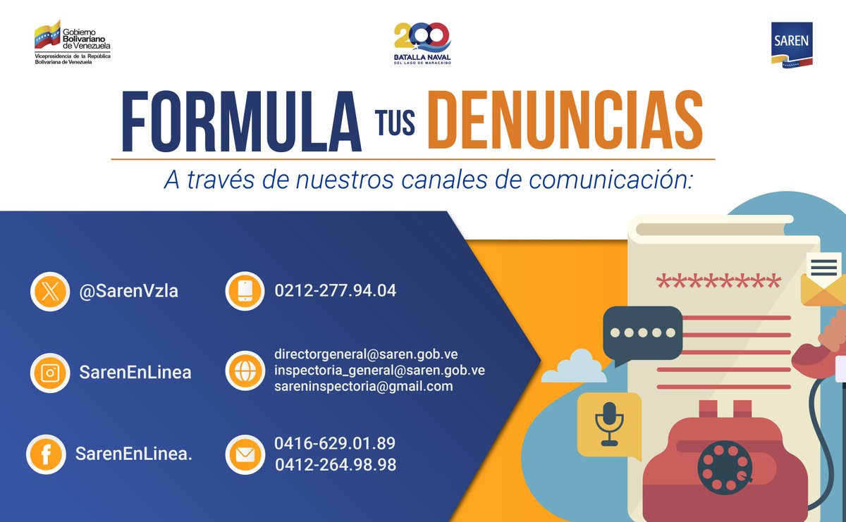 El @SarenVzla pone a disposición los siguientes canales de comunicación para que formules tus denuncias.

¡No calles!

#14Oct 
#MisiónNevadoEsAmor