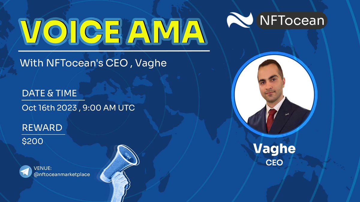NFTocean_market's tweet photo. Voice #AMA with "Vaghe" CEO of NFTocean

📆DATE     : 16 Oct 2023 
😀 TIME    :  9:00 AM UTC
💡VENUE  :  NFTocean Community
 (https://t.co/8Eg9O4xIIy)

🏆 𝗥𝗲𝘄𝗮𝗿𝗱𝘀 𝗣𝗼𝗼𝗹 : $200

❓ Comment your Questions https://t.co/z0VfdYVuMS
