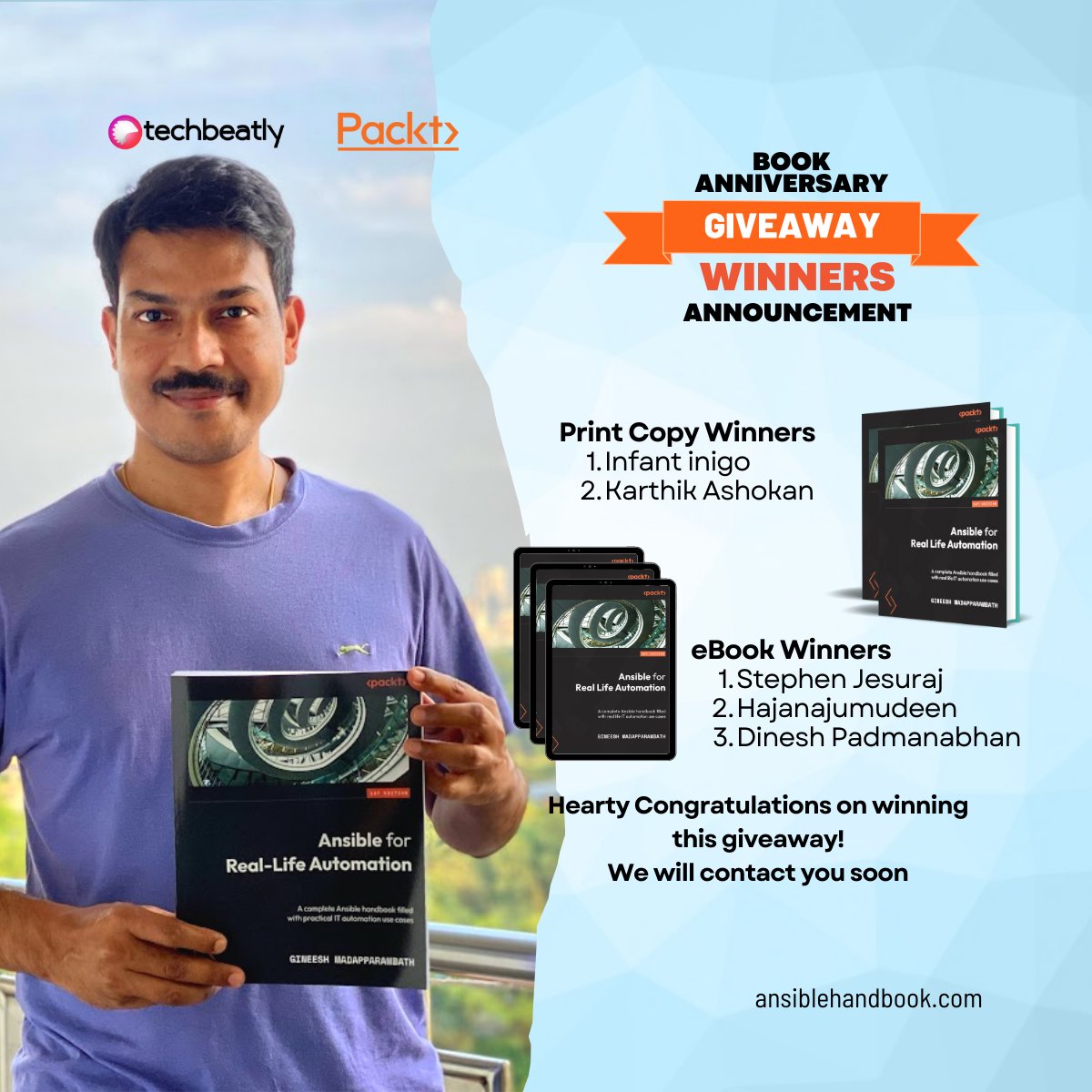 techbeatly's tweet photo. We're thrilled to announce the winners of our post-event giveaway! 🏆

#ansiblebbok @PacktPublishing #ansibleautomation https://t.co/qFRp5jP7b5
