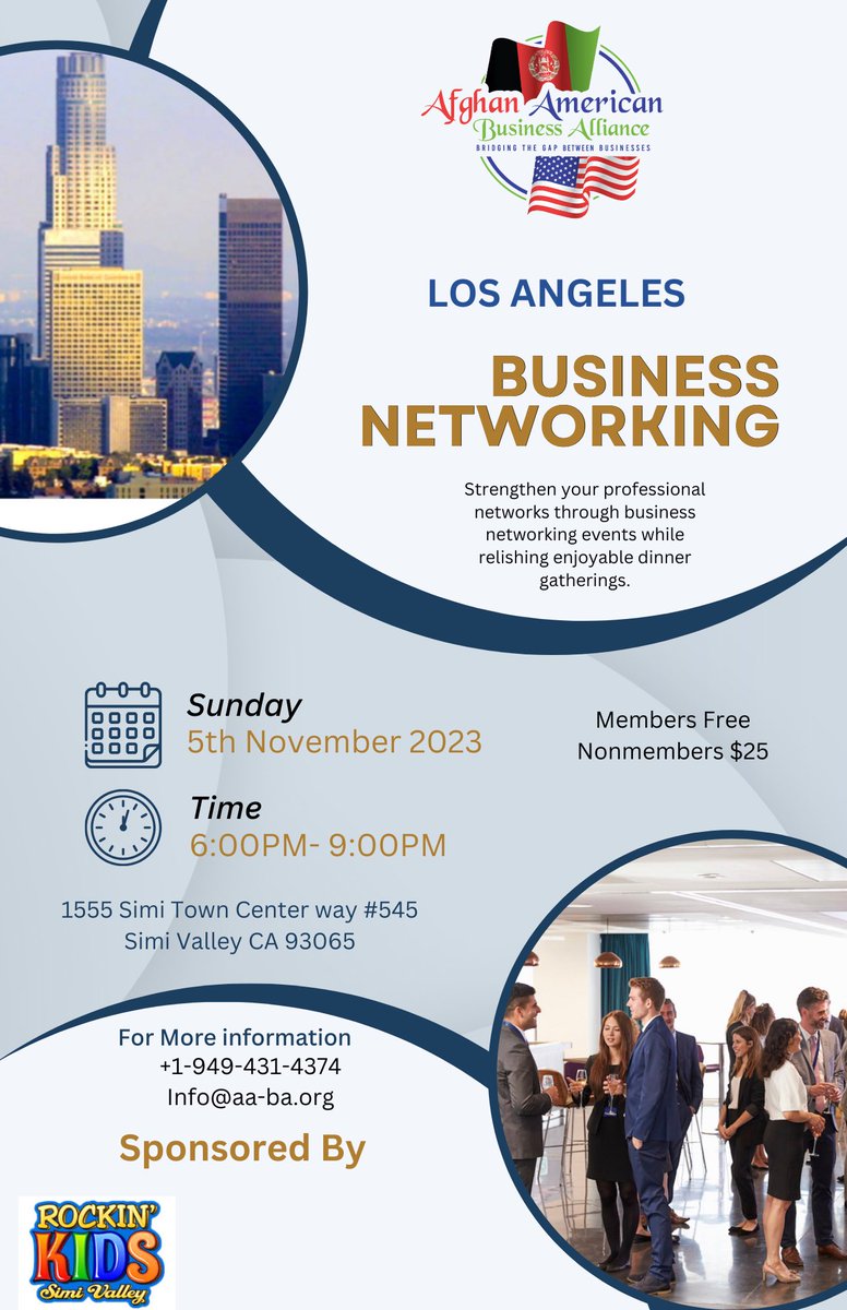 AABAUSA's tweet photo. Join us at the Afghan American Business Alliance Mixer in LA!
Connect with local businesses, gain insights from expert speakers, and indulge in delectable food. Whether you're launching your 1st venture or seeking marketing inspiration, this event is tailored for u.@SulimanBasir https://t.co/cZQJ4sxoFM