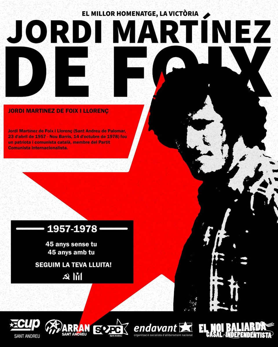 ei_standreu's tweet photo. Avui commemorem el 45è aniversari de la mort en combat del patriota i comunista català i andreuenc Jordi Martínez de Foix.
Com a revolucionàries, seguirem el fil roig de totes aquelles que van donar la vida en la lluita contra el feixisme, per la llibertat i per un món nou https://t.co/3RIlcWN66F