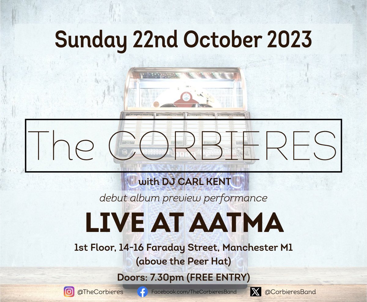 Corbieresband's tweet photo. We are playing a live album preview show at @AatmaVenue next Sunday 22nd Oct. It’s free in! Good beer, good tunes. #manchestermusic https://t.co/lBeNkUJMtK