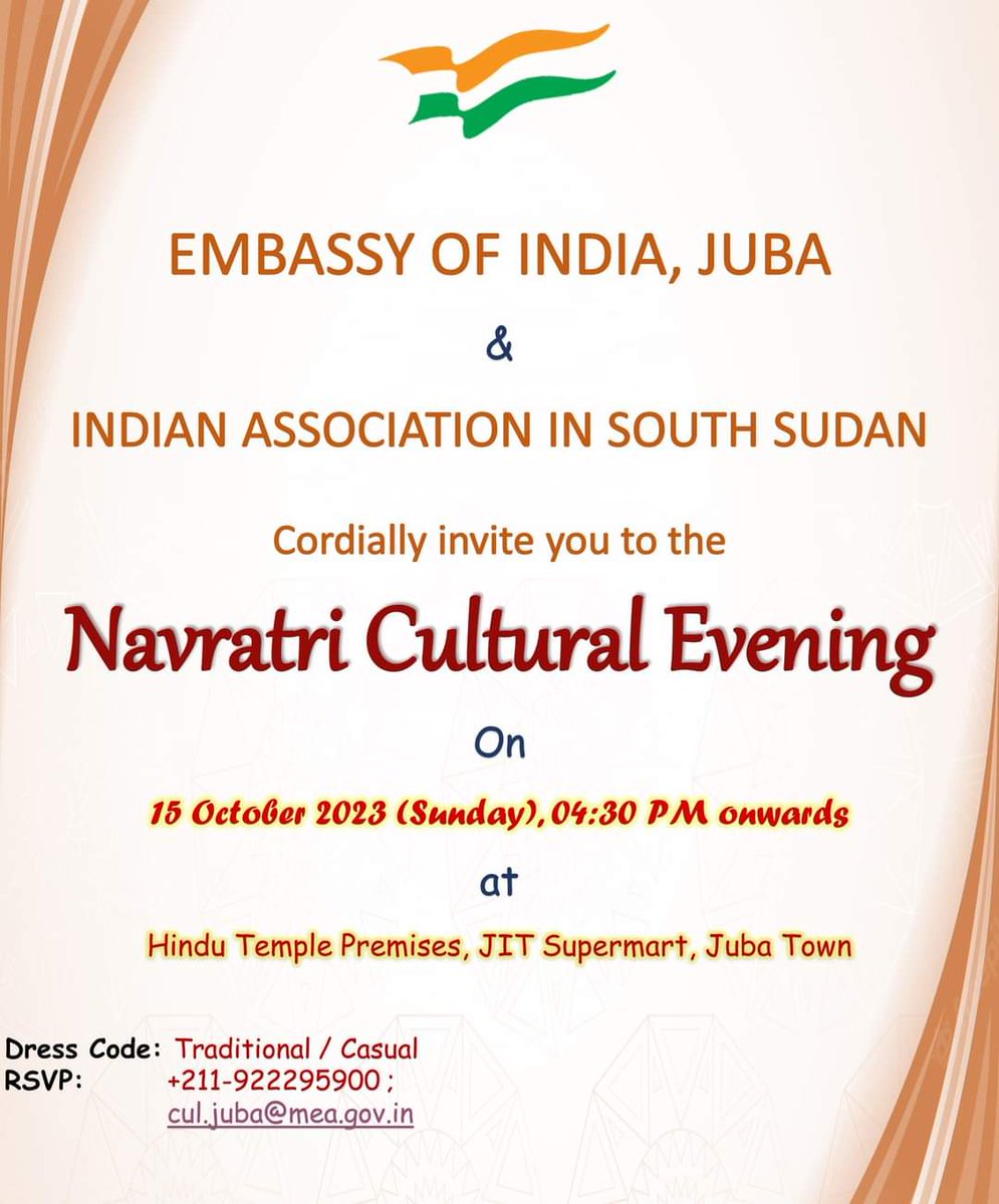 eoijuba's tweet photo. Indian diaspora in South Sudan is cordially invited to attend the cultural event being organised by Embassy and Indian Association on 15 October 2023 from 4.30 pm at the Hindu Temple, Juba. Pl share  your name and contact details at cul.juba@mea.gov.in
@DiasporaDiv_MEA 
#PCTD https://t.co/BET3I8jEv8