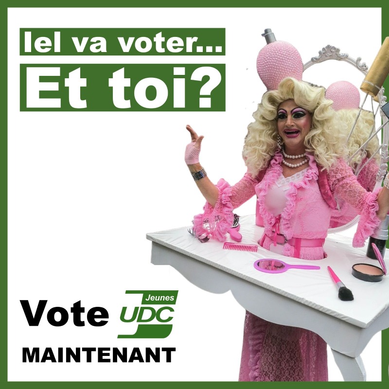JeunesUdc's tweet photo. Les drag queens, les antifas et les activistes du climat vont tous aller voter ! 😡

Dans les urnes, ils pourraient ruiner la Suisse et notre société. Nous ne les laisserons pas faire ! Nous aussi, nous allons aller voter. Et nous voterons Jeunes UDC ! 💪🏻 https://t.co/FnzNdYqrTV