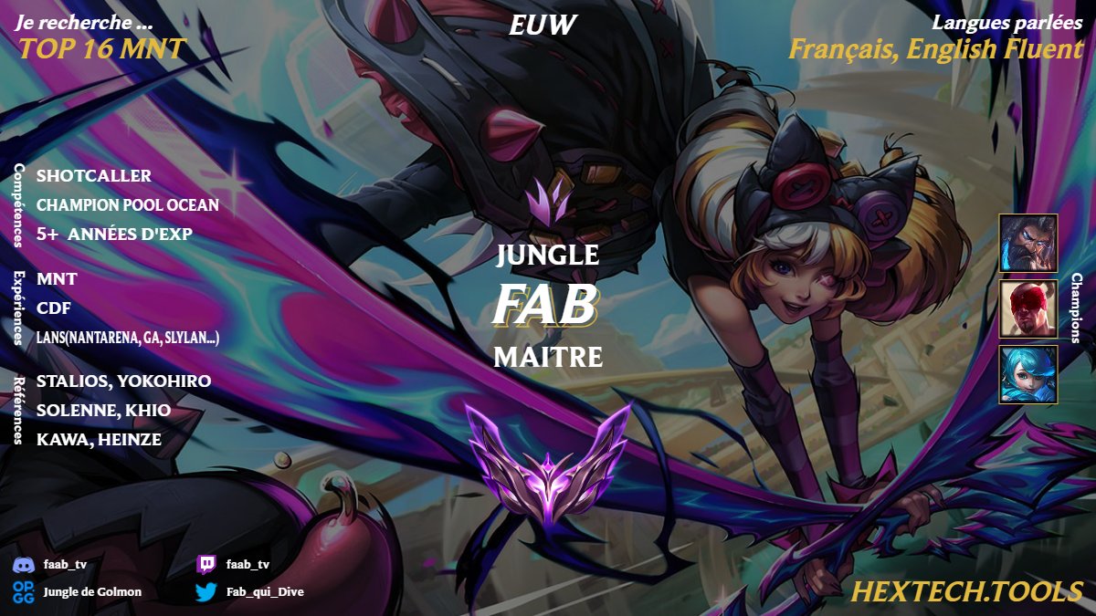 Salut !

Après avoir fait un petit top 13 en CDF avec des copains, me revoilà LFT !

Hésitez pas à m'envoyer un DM si mon profil vous intéresse !

RT &amp; Like 🙏❤️

Réf : <a href="/StaliosLol/">Stalios</a> <a href="/YokoHiroo/">YokoHiro</a> <a href="/SolenneLoL/">NN Solenne</a> <a href="/Khi_o_/">KhiO</a> <a href="/Kawamel2/">Kawamel</a> <a href="/Heinze_LoL/">Heinze</a> (merci à ces légendes)

<a href="/LoL_LFT_Fr/">LoL LFT Fr</a> 🫡