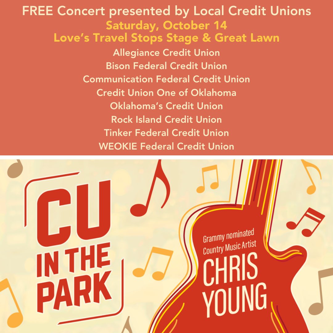 CU in the Park TONIGHT! 

FREE concert starring Chris Young with special guest Robyn Ottolini presented by Local Credit Unions. 

SCHEDULE 
7pm | Welcome 
7:30pm | Robyn Ottolini
8:30pm | Chris Young

Love’s Travels Stops Stage &amp; Great Lawn

Three bars by Luxe Bar Services LLC