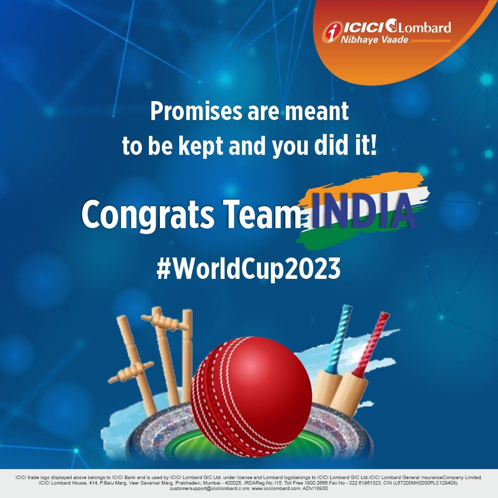 ICICILombard's tweet photo. Congratulations to our heroes! In an electrifying match against Pakistan, they emerged victorious. ๐๐
Join the celebration and share the pride of our nation. ๐๐ฎ๐ณ
#ICICILombard #NibhayeVaade #CricketFever #VictoryUnleashed #WorldCup2023 https://t.co/Fv5ZvXNqnA