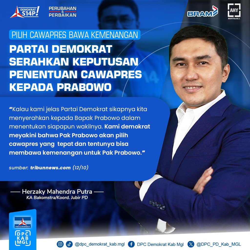 DPC_PD_Kab_MGL's tweet photo. Herzaky Mahendra Putra angkat bicara terkait mengerucutnya nama cawapres Koalisi Indonesia Maju (KIM) Prabowo Subianto. Demokrat meyakini Prabowo akan memilih cawapres yang tepat dan tentunya membawa kemenangan untuknya.

#DemokratS14P
#PartaiDemokrat
#pdemokrat
#AHY
#dpckabmgl https://t.co/OaH3W5rWuD