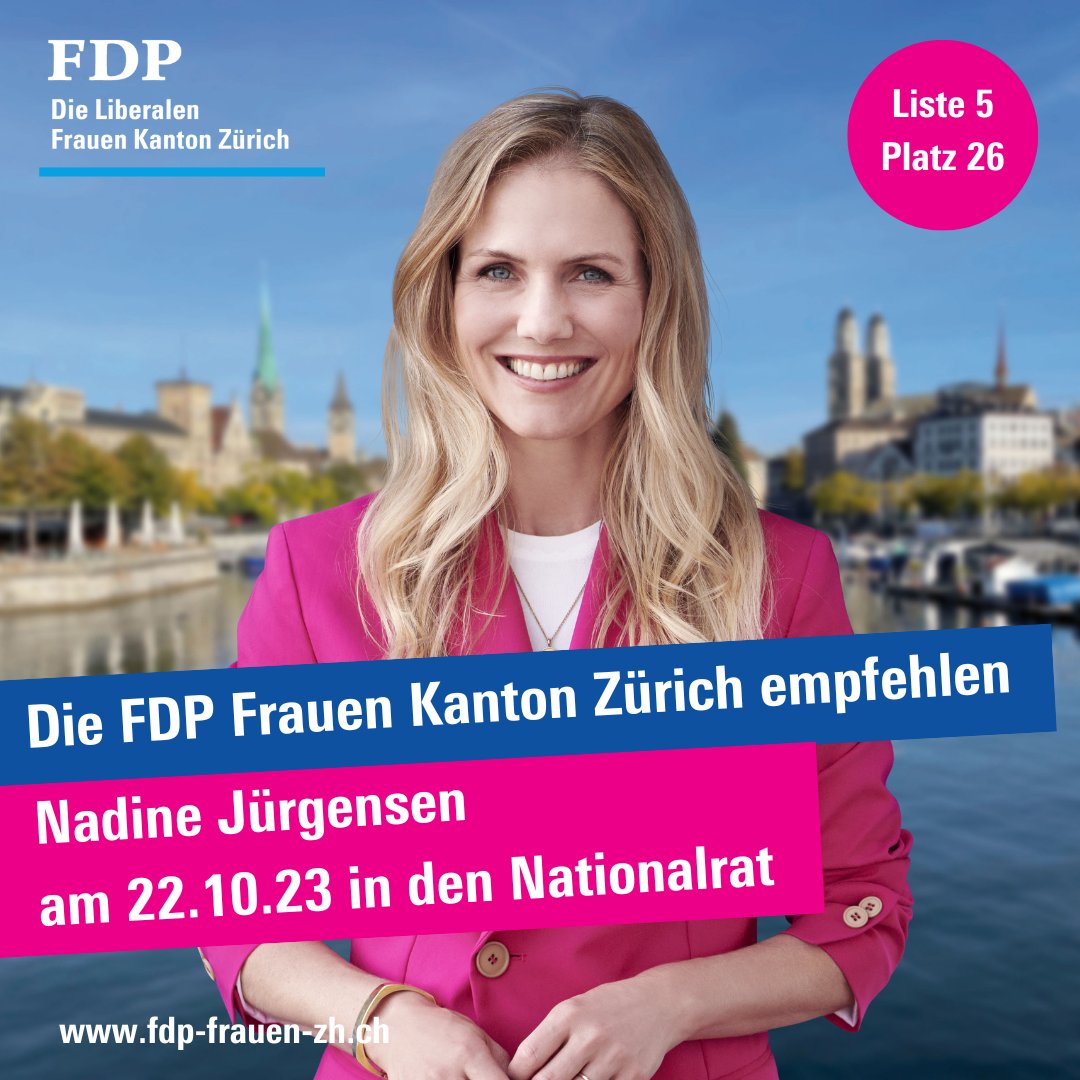 FDP Frauen Kanton Zürich (@fdpfrauenzh) on Twitter photo ❣️Wir empfehlen Nadine Jürgensen (<a href="/NadineJurgensen/">Nadine Jürgensen</a>) am 22. Oktober 2023 in den Nationalrat!
🌐Zu ihrer Website: nadinejuergensen.ch
#TeamFDP #FDP2023 #fdp #fdpzh #frauenpolitik ❣️Wir empfehlen Nadine Jürgensen (<a href="/NadineJurgensen/">Nadine Jürgensen</a>) am 22. Oktober 2023 in den Nationalrat!
🌐Zu ihrer Website: nadinejuergensen.ch
#TeamFDP #FDP2023 #fdp #fdpzh #frauenpolitik