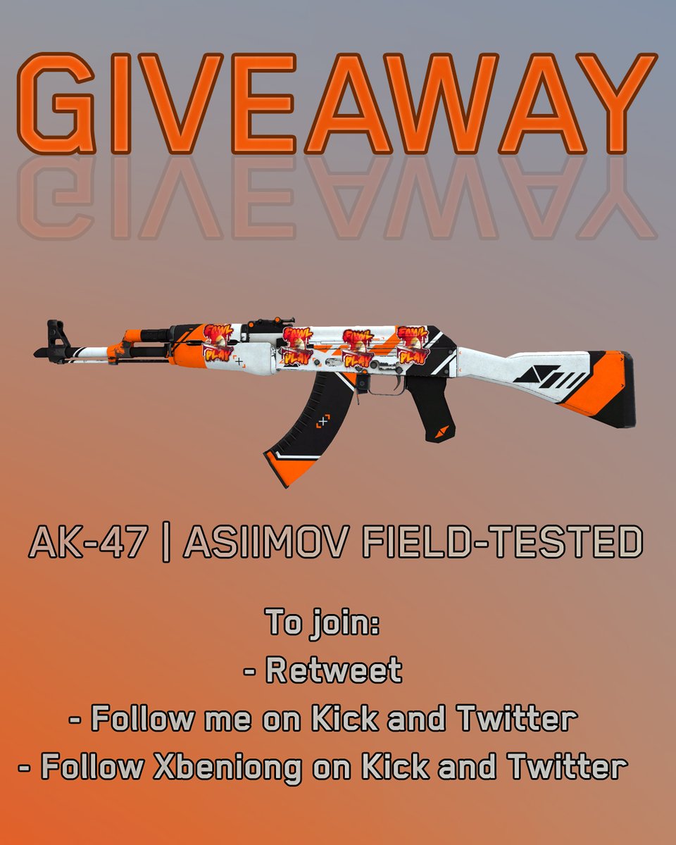 CS2 GIVEAWAY!

AK-47 ASIIMOV IN FIELD-TESTED

To enter:
- Retweet
- Follow me on Twitter (<a href="/highfivelol/">Highfivelol</a> ) and Kick (kick.com/highfivelol)
- Follow <a href="/Xbeniong/">Benion Montalvo</a> on Twitter and Kick (kick.com/xbeniong)

Winners will be drawn on stream on the 22nd of October.