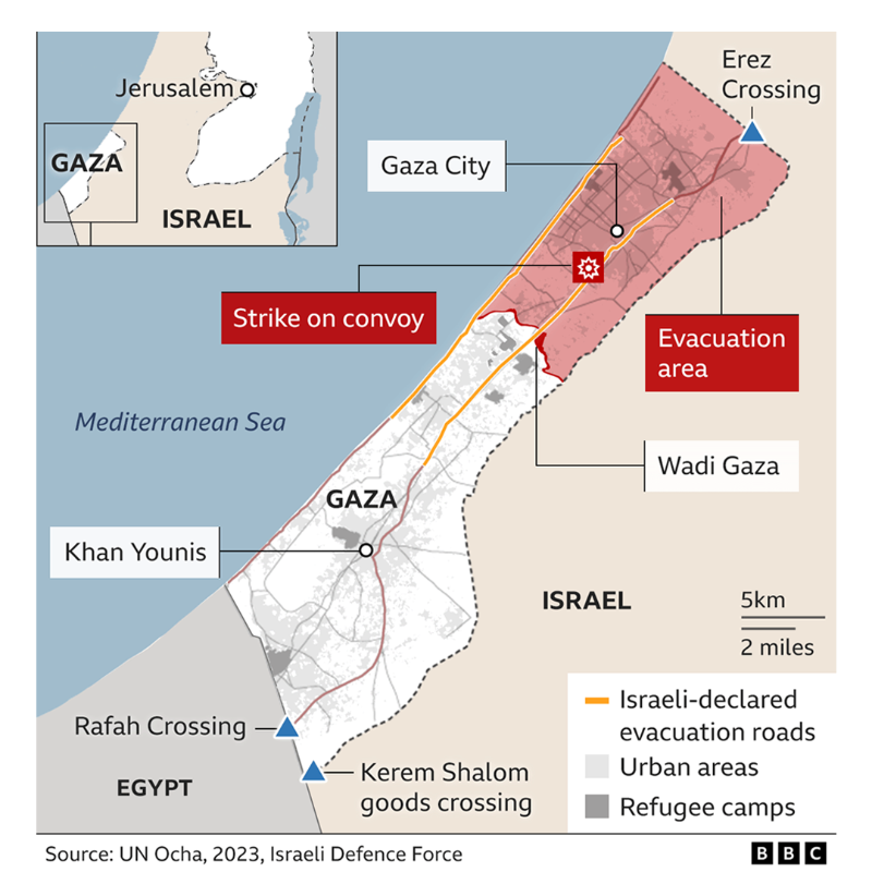 BBCWorld's tweet photo. Women and young children were killed when a strike hit their vehicles as they headed away from northern Gaza, BBC Verify has confirmed
Here is a round-up of the latest developments in Israel and Gaza ⬇️