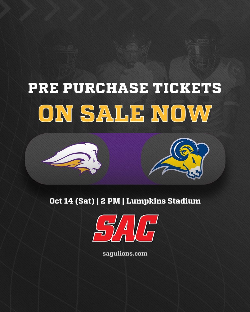 🦁🆚🐏 Rivalry Alert! 🚨Our SAGU Lions face off against the TXWES Rams 🏈🔥  Don't miss out on the action – prepurchase your tickets NOW! 🎟️🔗 vivenu.com/seller/southwe…