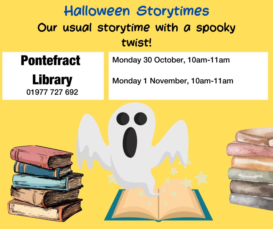 WFlibraries's tweet image. Join us at #PontefractLibrary for special Halloween-themed storytimes!
📅 Monday 30 October &amp;amp; Monday 1 November
🕰️ 10am-11am
📍 Pontefract Library, Children&apos;s Library
No booking required!
#pontefract #halloween #thingstodo #children&apos;sactivity #story #ghoststory