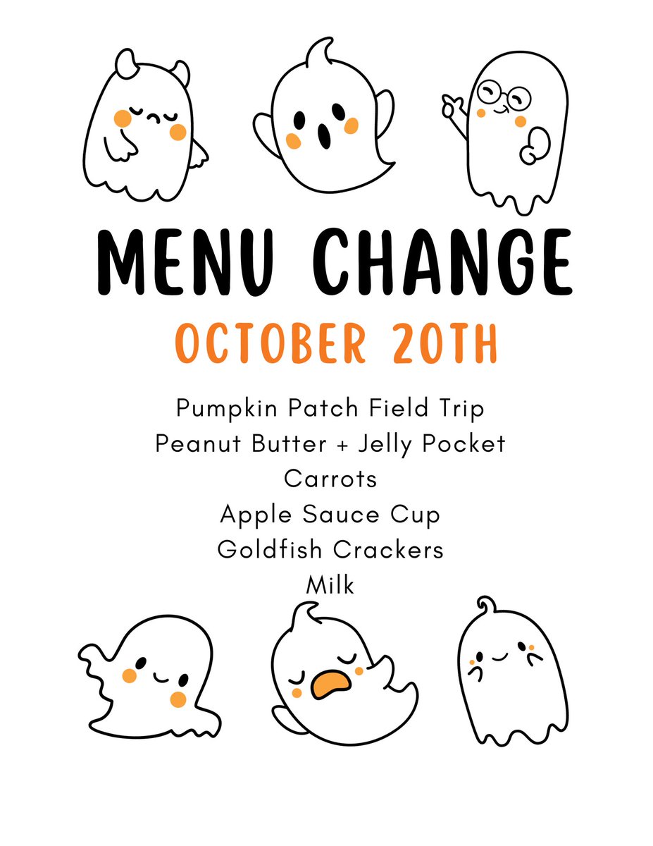 vwecc's tweet photo. 🎃🧡
**this menu change is for the ECC only!**

Reminder to please make sure you have turned in your students permission slip! We are so excited for the Pumpkin Patch this week! https://t.co/XYJzcPValt