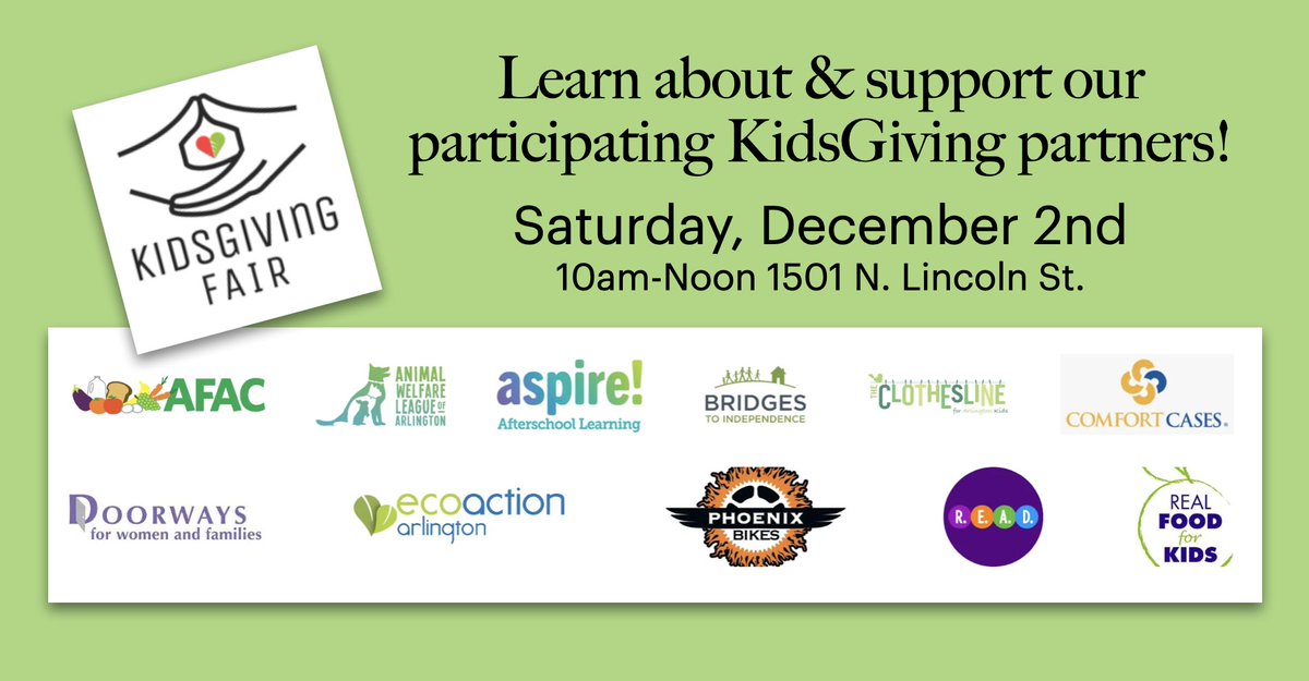 KidsGiving (@kids_giving) on Twitter photo Mark your calendar for the 2nd Annual KidsGiving Fair, in partnership with <a href="/AFACfeeds/">AFAC</a>, <a href="/AWLAArlington/">AWLArlington, VA</a>, <a href="/AspireArlington/">Aspire! Afterschool</a>, <a href="/Bridges2Indep/">Bridges to Independence</a>, The Clothesline for Arlington Kids, <a href="/ComfortCases/">Comfort Cases®</a>, <a href="/DoorwaysVA/">Doorways</a>, <a href="/EcoActionArl/">EcoAction Arlington</a>, <a href="/PhoenixBikes/">Phoenix Bikes</a>, <a href="/ReadEarlyDaily/">Read Early and Daily (R.E.A.D.)</a>, and <a href="/realfoodforkids/">Real Food for Kids</a>!!! Mark your calendar for the 2nd Annual KidsGiving Fair, in partnership with <a href="/AFACfeeds/">AFAC</a>, <a href="/AWLAArlington/">AWLArlington, VA</a>, <a href="/AspireArlington/">Aspire! Afterschool</a>, <a href="/Bridges2Indep/">Bridges to Independence</a>, The Clothesline for Arlington Kids, <a href="/ComfortCases/">Comfort Cases®</a>, <a href="/DoorwaysVA/">Doorways</a>, <a href="/EcoActionArl/">EcoAction Arlington</a>, <a href="/PhoenixBikes/">Phoenix Bikes</a>, <a href="/ReadEarlyDaily/">Read Early and Daily (R.E.A.D.)</a>, and <a href="/realfoodforkids/">Real Food for Kids</a>!!!