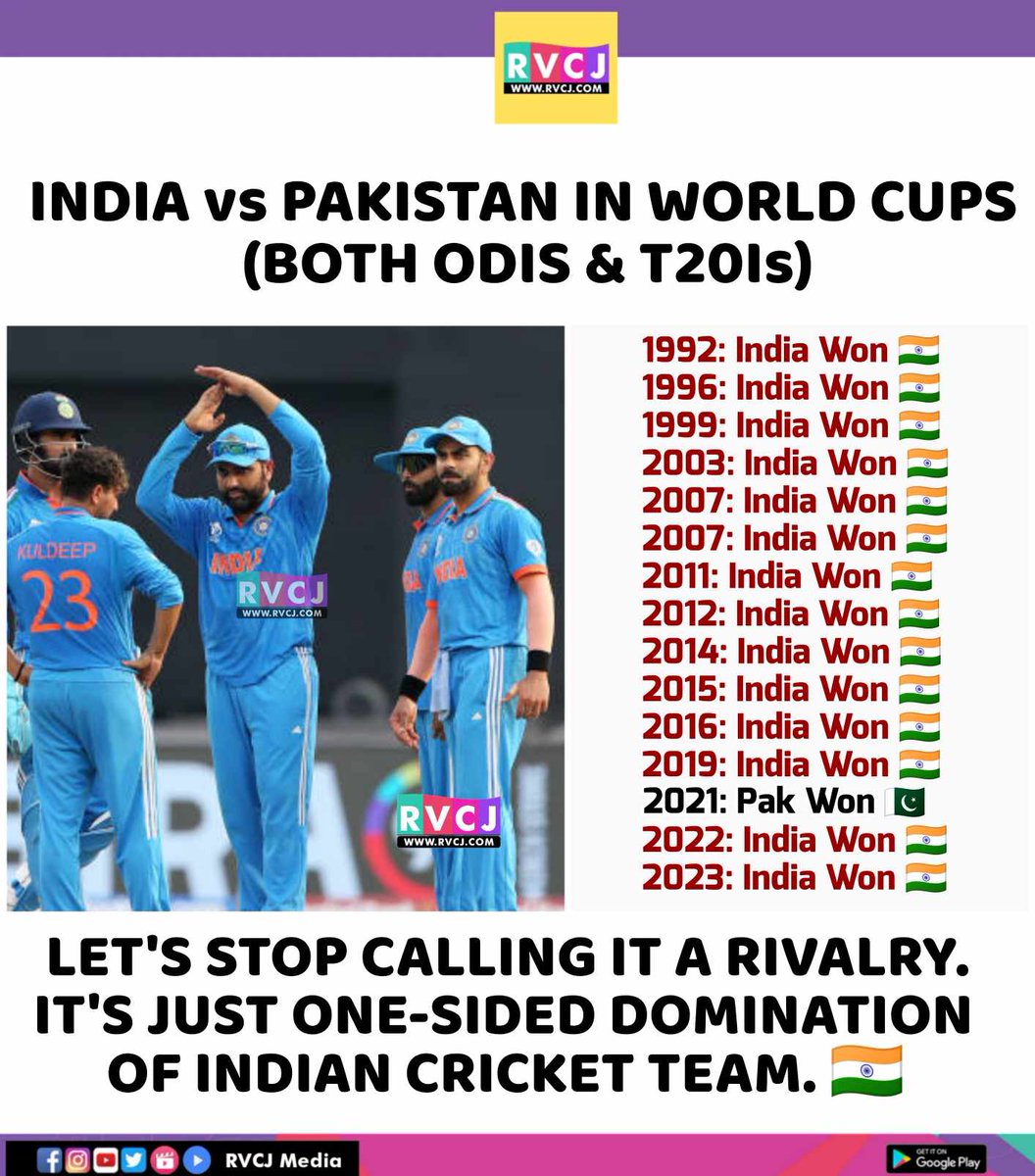 RVCJ_FB's tweet photo. India vs Pakistan in World Cups (Both ODIs &amp; T20Is)

#INDvPAK #ODIWorldCup2023 #ICCWorldCup2023 #INDvsPAK https://t.co/8iazh8W4Eh
