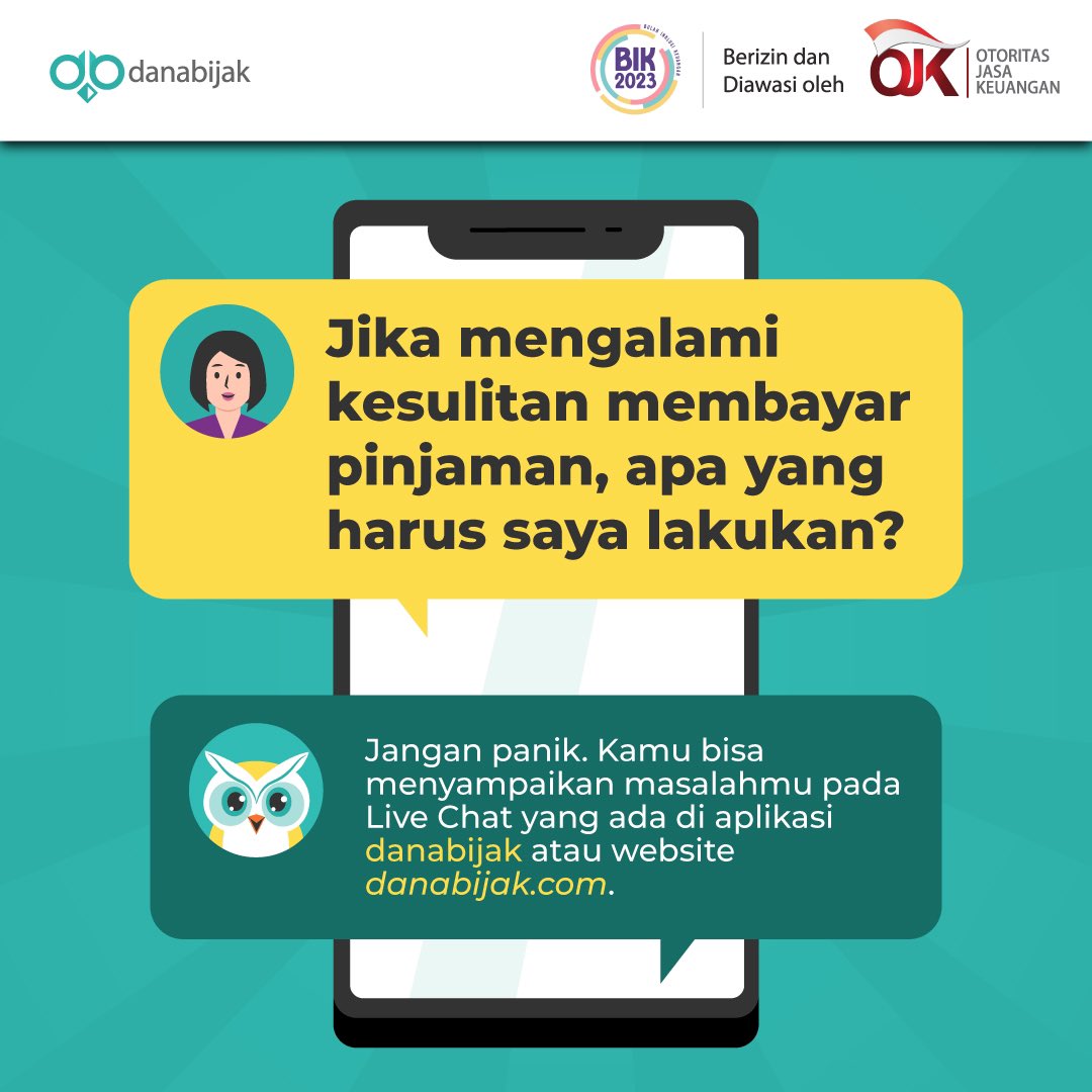 Danabijak's tweet photo. Chat langsung dengan agent melalui aplikasi &amp; website https://t.co/44eACPYxYT

Senin - Jumat (08.00 - 20.00)

#danabijak #rekanbijak #keuangan #fintechlegal #fintechaman #OJK #pinjamanaman #faq #seputardanabijak https://t.co/8o1Z8oqExR