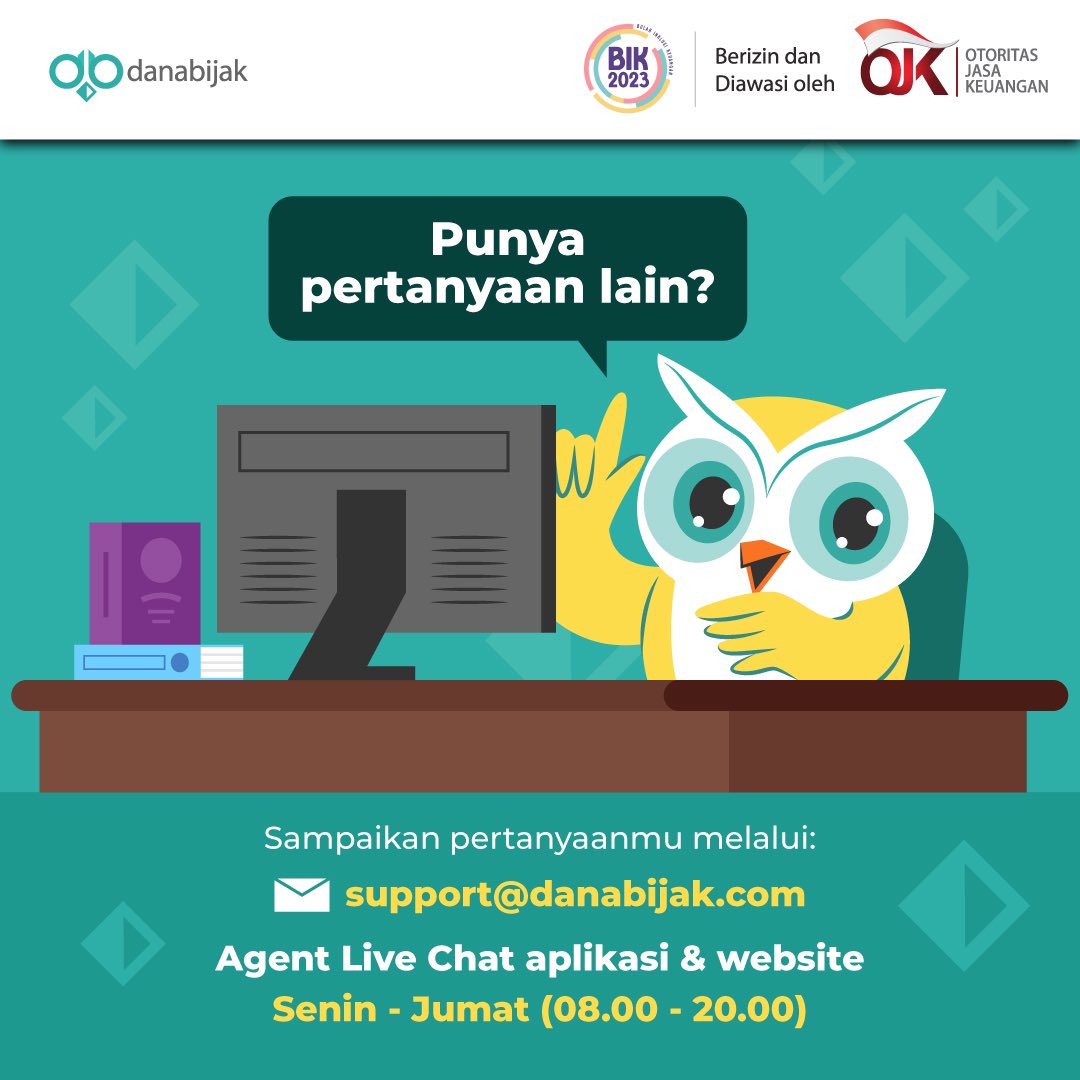 Danabijak's tweet photo. Chat langsung dengan agent melalui aplikasi &amp; website https://t.co/44eACPYxYT

Senin - Jumat (08.00 - 20.00)

#danabijak #rekanbijak #keuangan #fintechlegal #fintechaman #OJK #pinjamanaman #faq #seputardanabijak https://t.co/8o1Z8oqExR