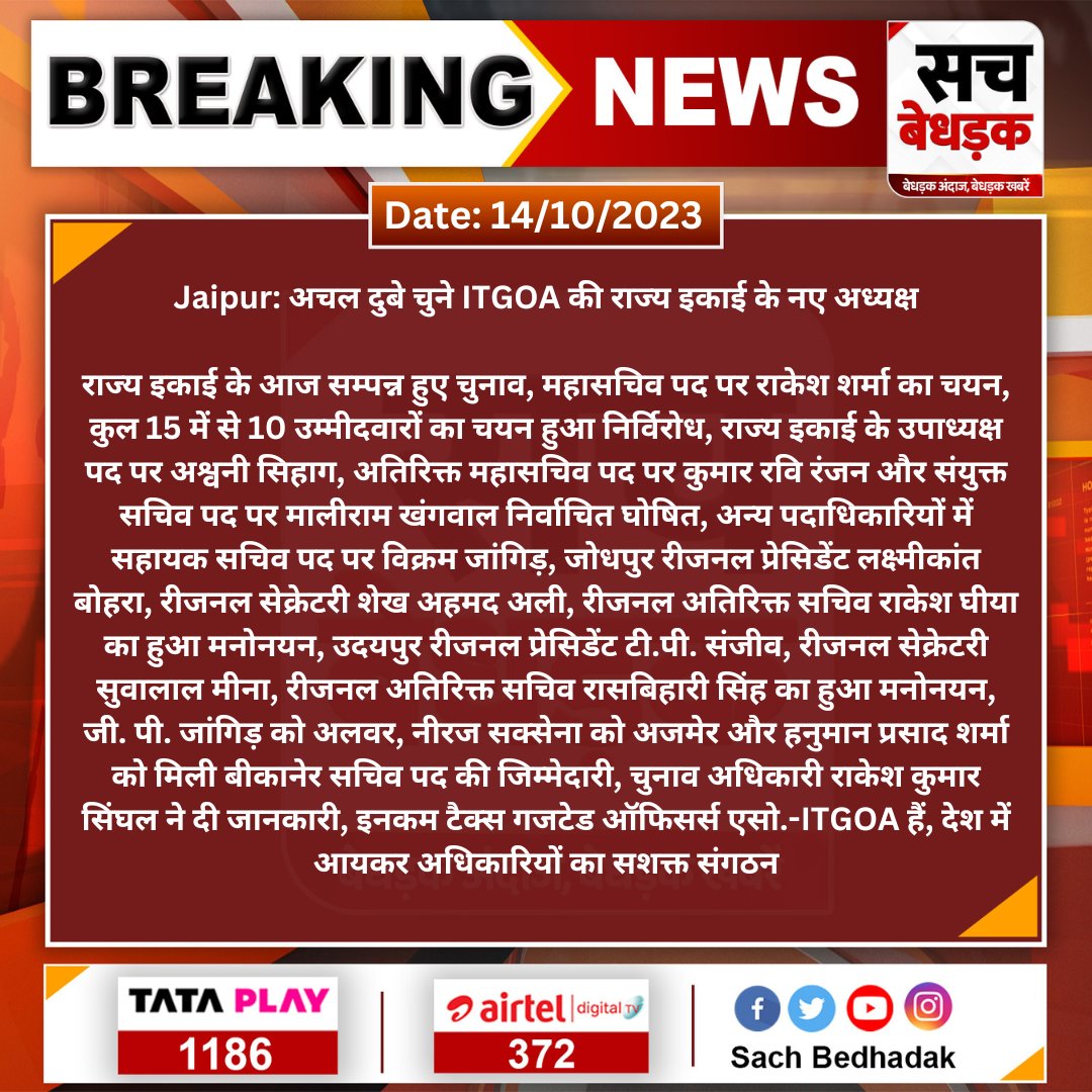 SachBedhadak's tweet photo. #Jaipur: अचल दुबे चुने ITGOA की राज्य इकाई के नए अध्यक्ष
राज्य इकाई के आज सम्पन्न हुए चुनाव, महासचिव पद पर राकेश शर्मा का चयन, कुल 15 में से 10 उम्मीदवारों का चयन हुआ निर्विरोध...
#SachBedhadak @RajGovOfficial @kotharivimal19 https://t.co/cyRelf1PkK