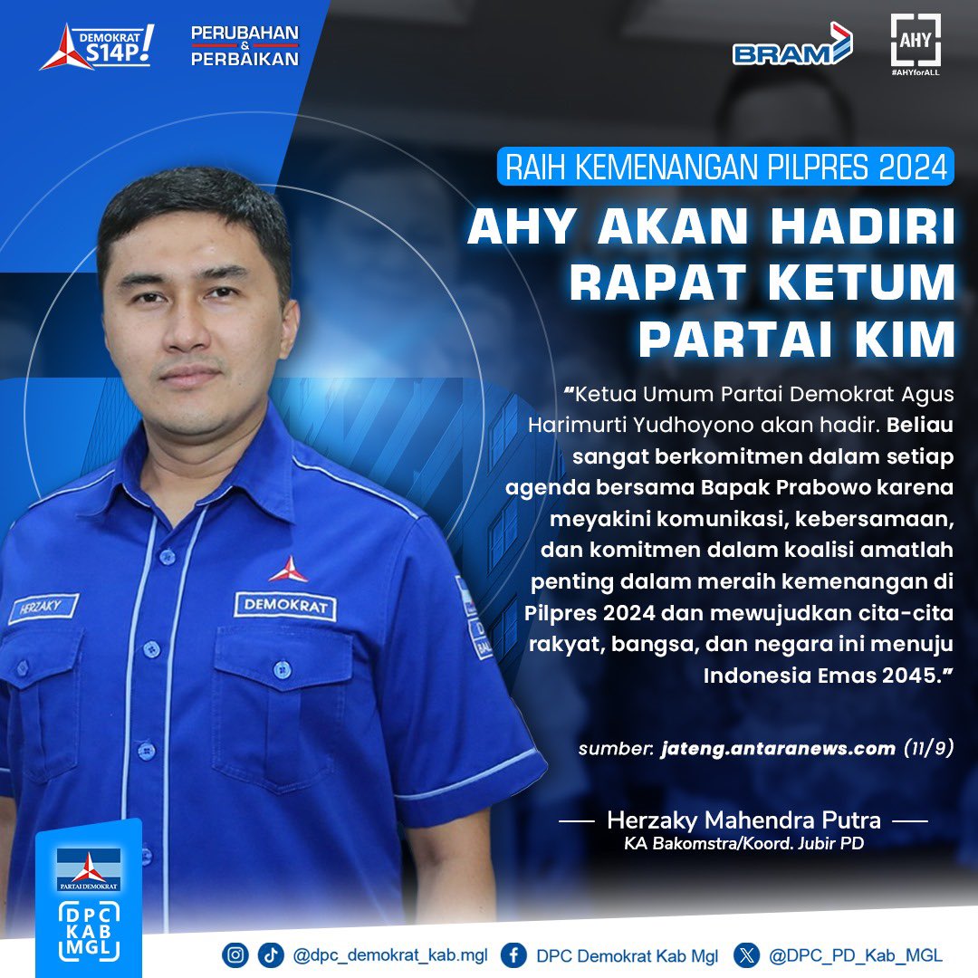 DPC_PD_Kab_MGL's tweet photo. Ketum AHY sangat berkomitmen dalam setiap agenda bersama Bapak Prabowo karena meyakini komunikasi, kebersamaan, dan komitmen dalam koalisi amatlah penting untuk meraih kemenangan di Pilpres 2024.
#DemokratS14P
#PartaiDemokrat
#pdemokrat
#AHY
#dpckabmgl https://t.co/tz70Ogbzkm