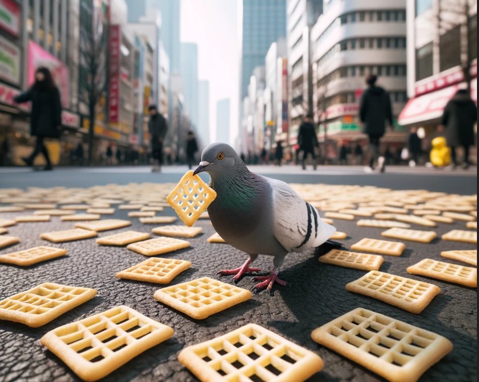 hatojump's tweet photo. 道路でサッポロポテトバーベキュー味と思われるお菓子を食べているハトの画像をAIで作成してみましたので是非チェックしてみてください https://t.co/JYAiLgGsl2