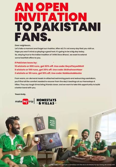 jawahar4's tweet photo. #PakistanCricketTeam fans . Atleast take advantage of this scheme . @makemytrip spent a bomb on this ad to ride over the euphoria of the #IndiaVsPakistan match . Now that Pak lost carefully look at the discounts offered . It's a consolation. #baapbaap #RohitSharma𓃵 https://t.co/cIGfMzQJdc