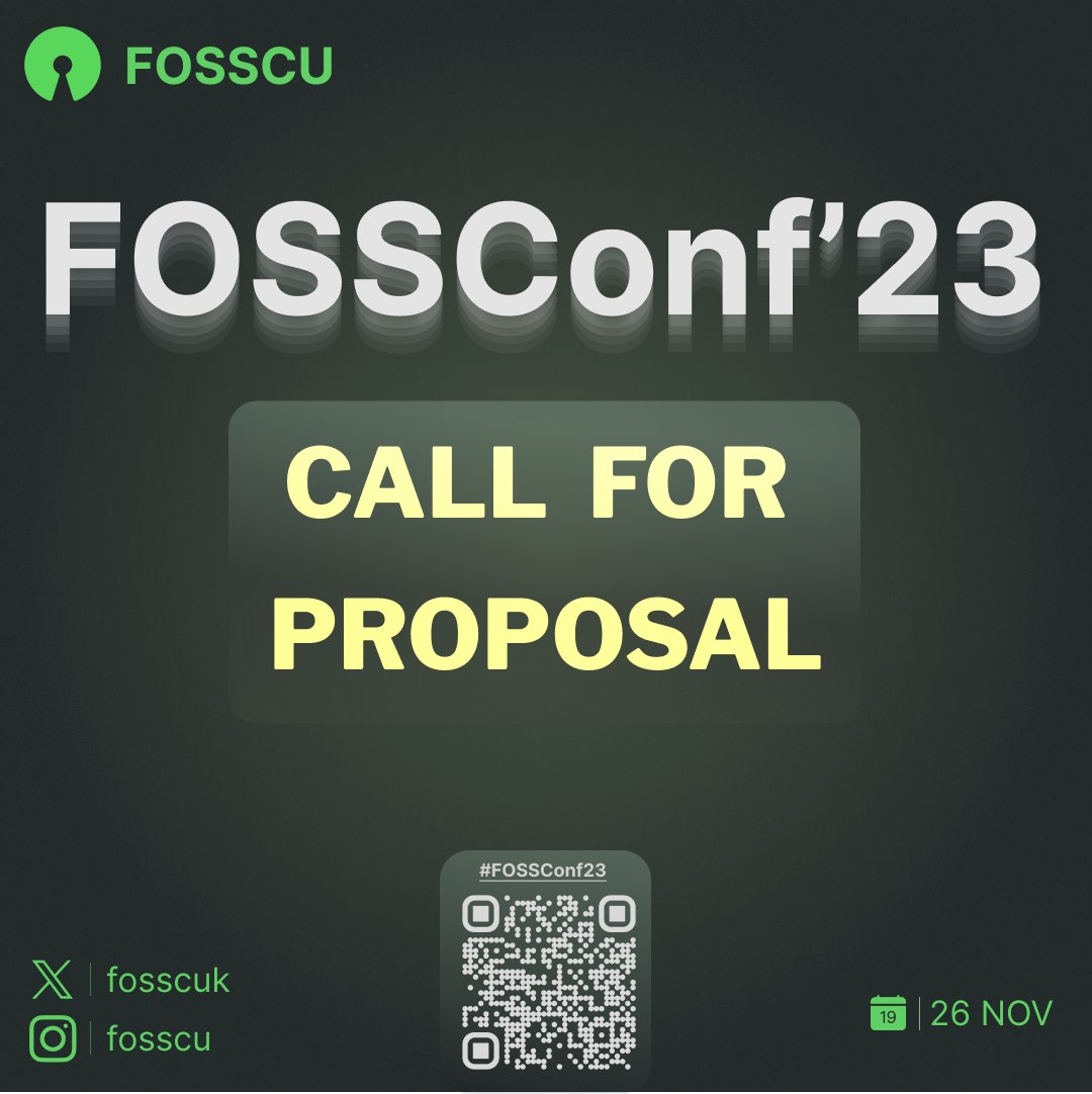 fosscuk's tweet photo. Calling all open source experts! ✨ We want to hear from you at the #FOSSConf23. Submit your talk proposals about the latest in open source tech before 5 Nov. Let's bring together the global open source community!  🔥
Details: https://t.co/ftU8jDijoz

https://t.co/Jz4PVs6gka https://t.co/y95JnwgaKb