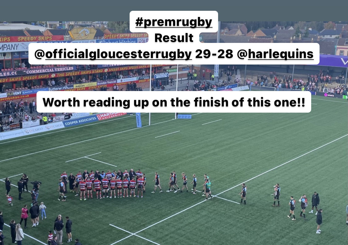 andywyman's tweet photo. #premugby result. @gloucesterrugby 29-28 @Harlequins #bonuspointwin . This one will be a huge talking point for while. Bouncing #kingsholm… in the end!!! https://t.co/6yX6tqTbFn