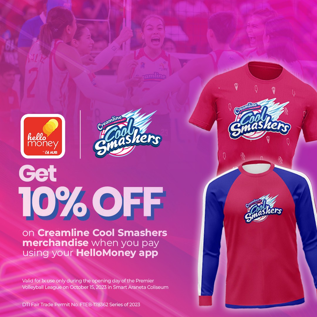 CoolSmashers's tweet photo. An exciting surprise na nakaka Good Vibes awaits hello money users this Oct 15!
Get 10% off on official Creamline Cool Smashers team merchandise when you pay with your hello money app! Download now and see you at the games!
#CreamlineCoolSmashers
#hellomoney
#AsiaUnitedBank https://t.co/Jd4vhX948c