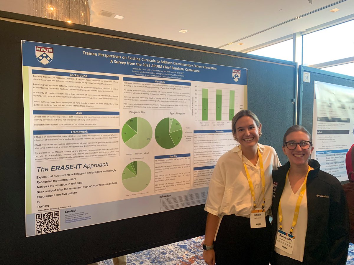 Look at these #MedEd stars ✨ Drs. Alex Leto &amp; Caitlin Merley presenting at #APDIM23 on their multi-institutional evaluation of resident physician mistreatment 👏👏