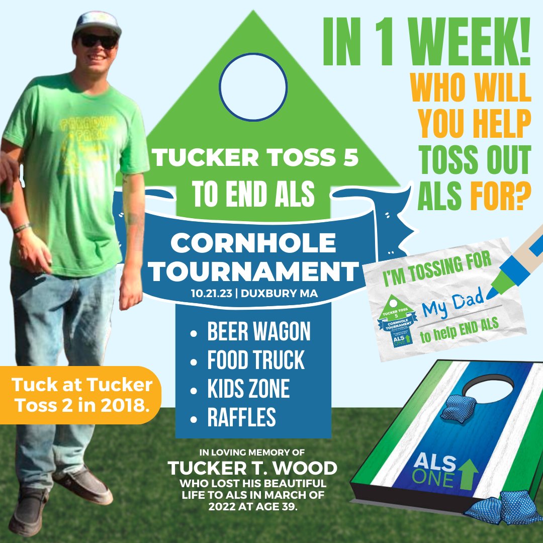 alsone_official's tweet photo. In 1 week! Join us for our annual #TuckerToss #Cornhole Tourney! In loving memory of @TuckerTWood and in honor of all #ALS warriors here on 🌎 or in heaven. https://t.co/WiVgiligla #EndALS #ALSEvent https://t.co/xywk1mnJgW
