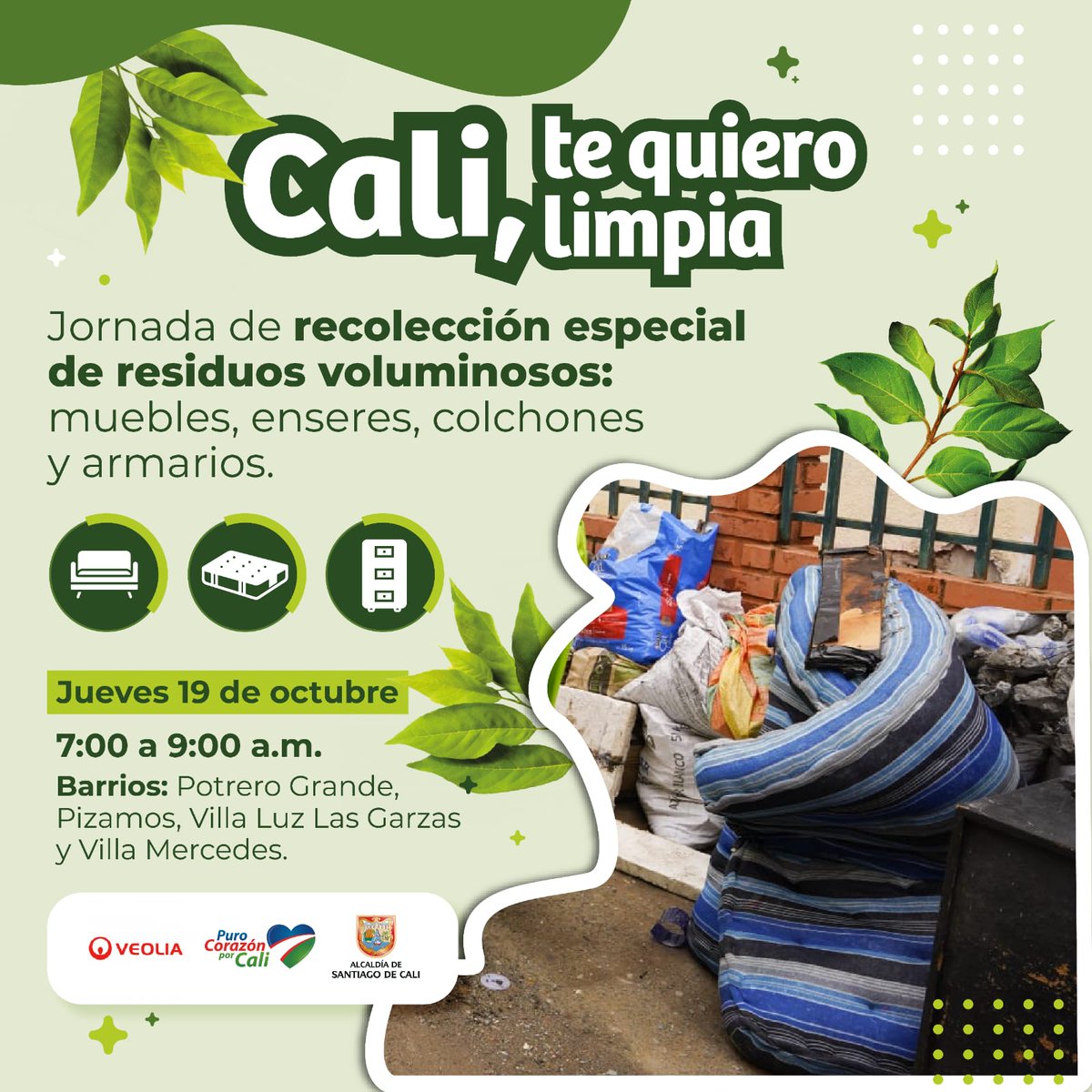 UaespCali's tweet photo. 💙❤️💚| 🚚JORNADAS DE RECOLECCIÓN ESPECIAL👍🏽

✅Aprovecha y saca tus residuos voluminosos: muebles, enseres, colchones y armarios.

#UnLatidoParaSiempre❤️
#CaliTeQuieroLimpia♻️ https://t.co/MhSenEVEp4