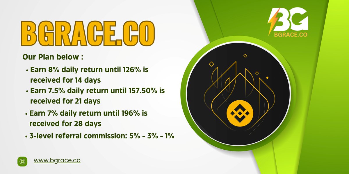 bgraceofficial's tweet photo. Earn up to 8 to 13.7% daily!

✅Earn 8% daily return until 126% is received for 14 days
✅Earn 7.5% daily return  until 157.50% is received for 21 days
✅Earn 7% daily return until 196% is received for 28 days https://t.co/4m1pMv5Nmr
