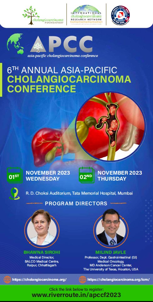 Welcome to 6 Asia Pacific Cholangiocarcinoma Conference Mumbai Nov 1/2, 2023. Providers, scientists, patients, caregivers, advocates welcome Tata Memorial Hosp, Registration free: riverroute.in/apccf2023 @curecc @CcaEns @CharityAMMF @MDAndersonNews @TataMemorial @ics_1951