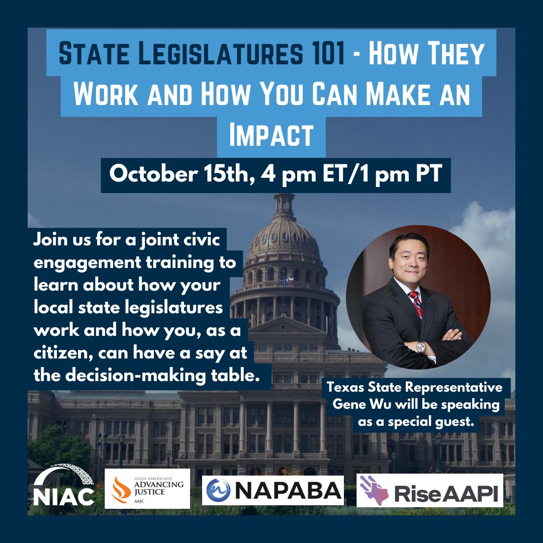 RiseAAPI's tweet photo. Rise AAPI is excited to present a virtual grassroots training session featuring TX Rep. Gene Wu who will provide insights into how state legislatures work and how you can actively participate to make a difference in your community! Tomorrow at 3pm.  RSVP https://t.co/mGj48fiUaC https://t.co/Yky6t1XiFK