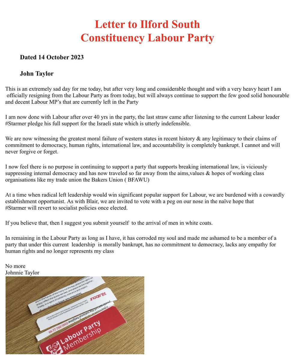 JOHNROYTAYLOR's tweet photo. In light of recent events &amp; the truly appalling decisions made by the #Starmer leadership I have with an extremely heavy heart decided to resign forthwith from the Party formerly known as ‘The Labour Party’ 👇🏼 https://t.co/a96OTwPCUh