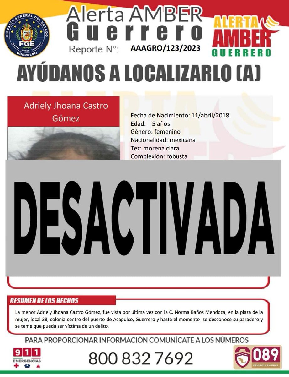 PC_Guerrero's tweet photo. #AlertaDesactivada
🔴 | Agradecemos su valiosa colaboración, la menor Adriely Jhoana Castro Gómez, ya fue localizada.
#AlertaAmber #Guerrero https://t.co/meoBGujwhp