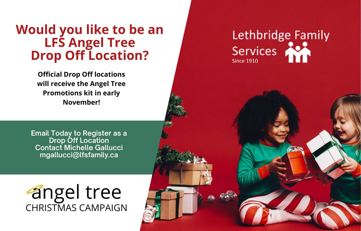M4Gallucci's tweet photo. Interested in becoming an official LFS Angel Tree Drop-Off Location this year, to collect toys for the campaign?
Contact Michelle Gallucci at Lethbridge Family Services for a package. mgallucci@lfsfamily.ca https://t.co/tn28gJDX9K