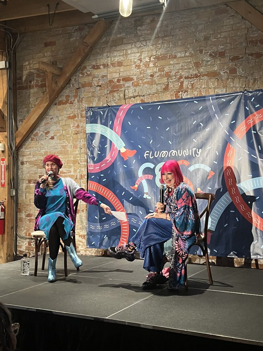 Fluevog's tweet photo. “I wish they wouldn’t wear so much black.” -Dame @Zandra_Rhodes speaking about London Fashion Week 😄 #FFEST23 https://t.co/Gg4pWH5x9w